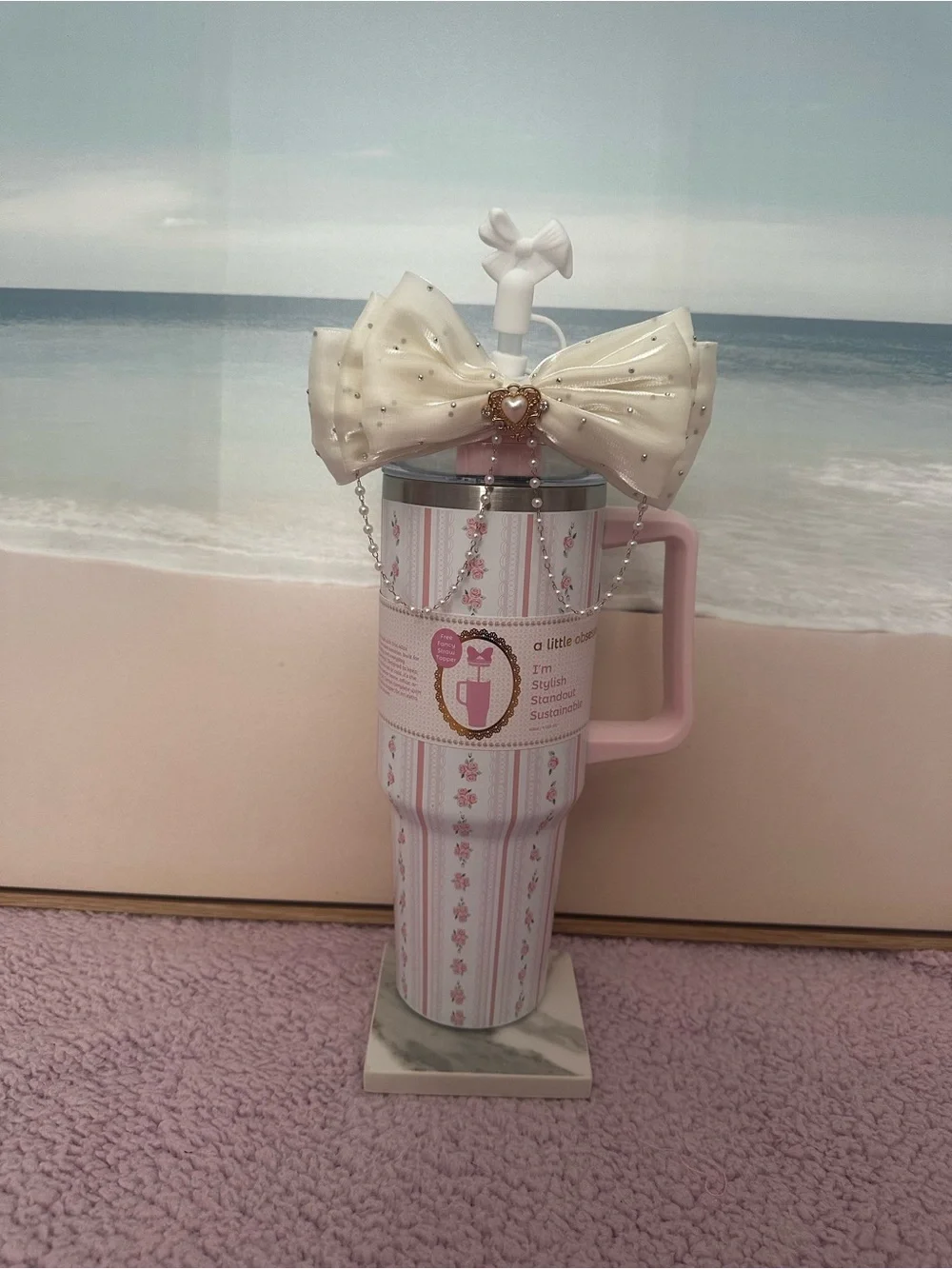 Cream Bow Straw Tumbler with Pink Floral Travel Mug